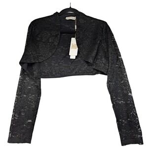 Belle Poque Black Floral Lace Shrug Bolero Cropped Long Sleeve Open Front New
